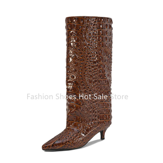 Wide-Calf Crocodile-Print Knee-High Boots - View 1