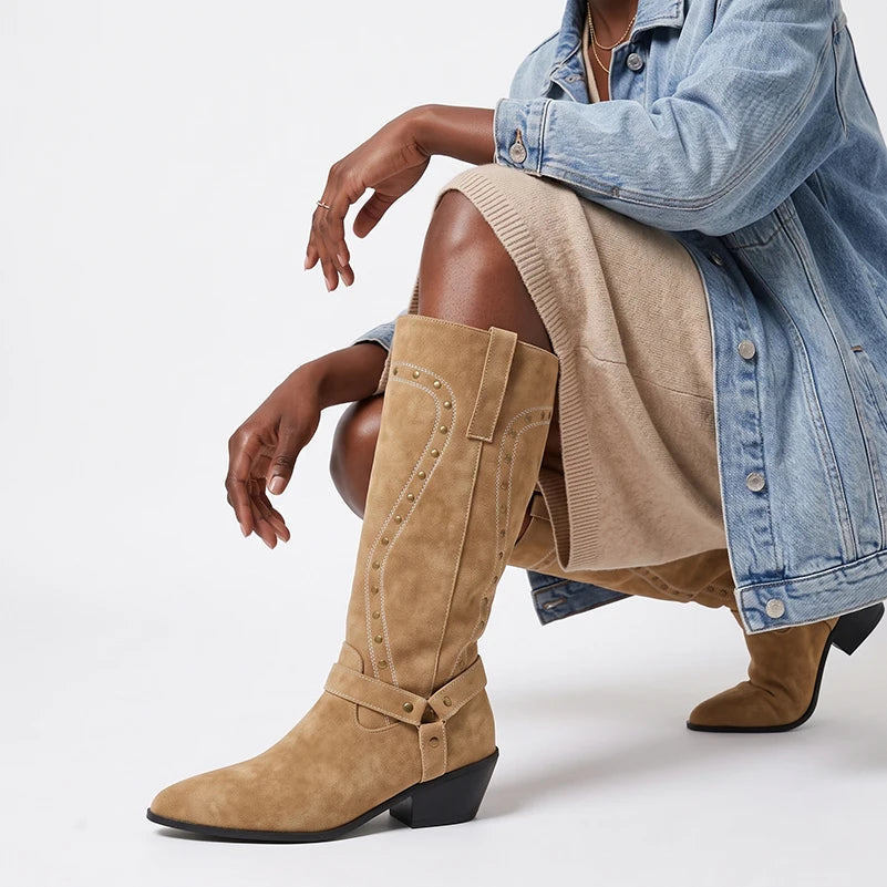 Wide-Calf Western Knee-High Boots - Front View 2